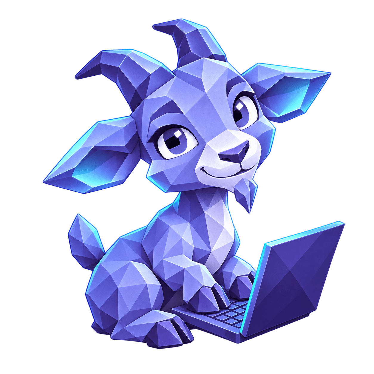 Byte, the iSyntax goat mascot, tinkering with a laptop